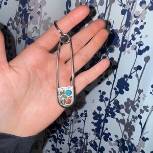 Silver Safety Pin Brooch with Turquoise and Coral